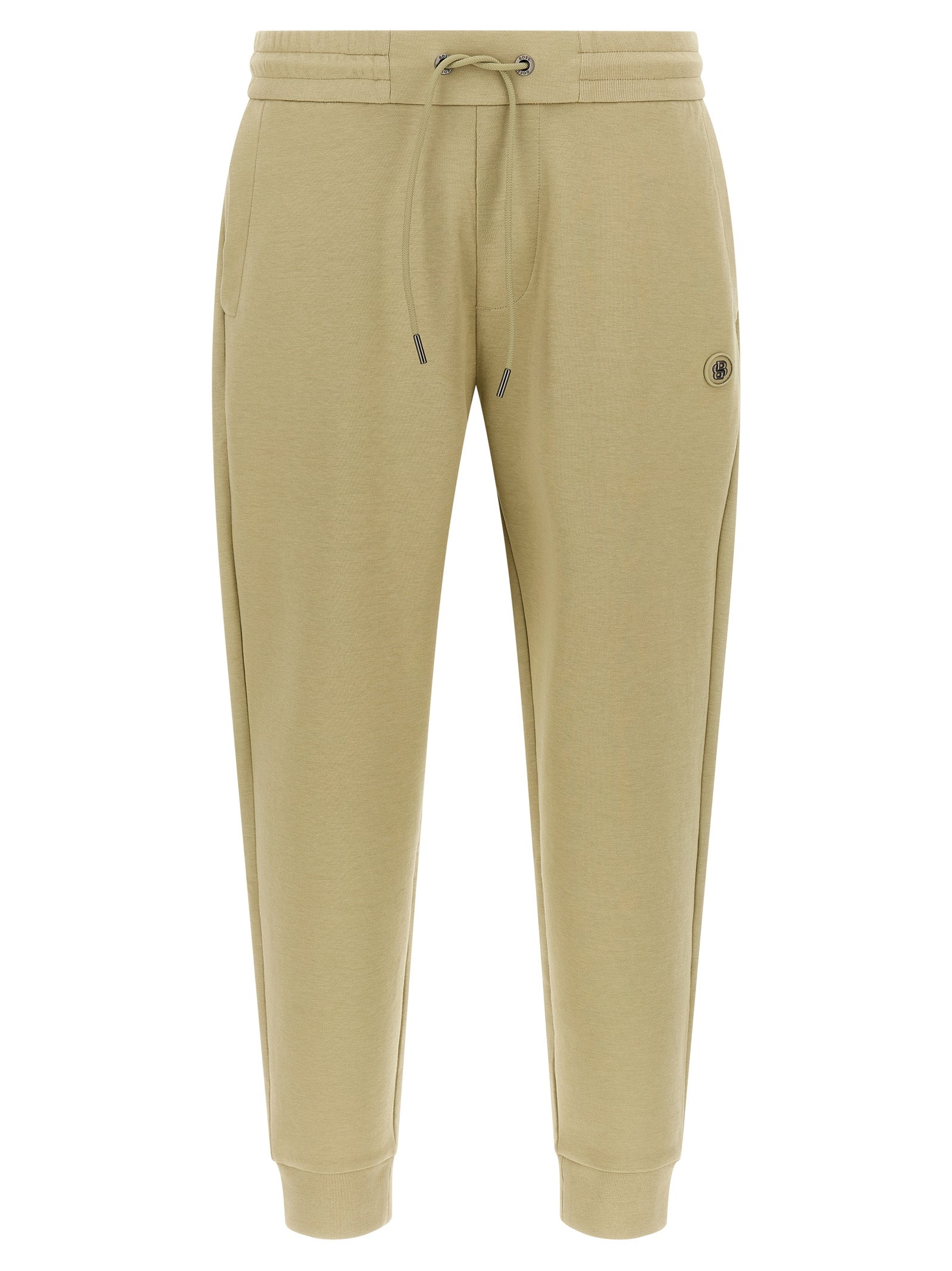 Joggers by Hugo Boss for men in cotton polyester beige & monogram features an sartorial and long with a cut for a sartorial finish.