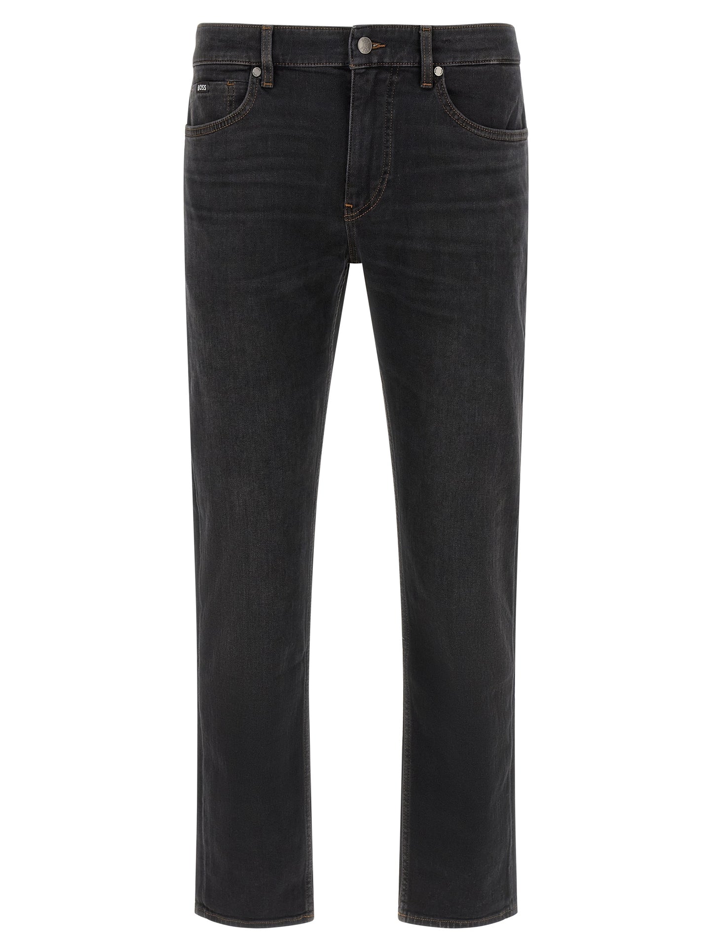 Jeans by Hugo Boss for men in stretch denim cotton black & monogram features an refined tailoring silhouette, showcasing a premium straight-leg & regular-fit with a and long cut for a refined tailoring look.