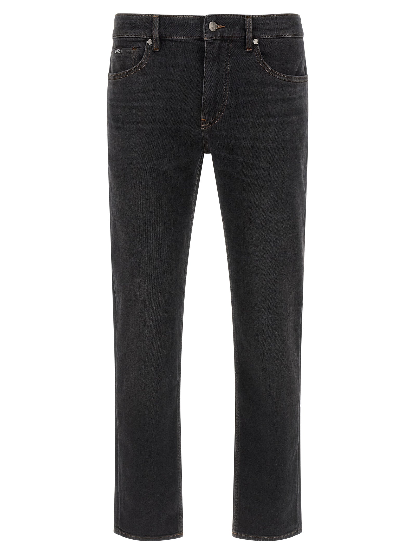 Jeans by Hugo Boss for men in stretch denim cotton black & monogram features an refined tailoring silhouette, showcasing a premium straight-leg & regular-fit with a and long cut for a refined tailoring look.