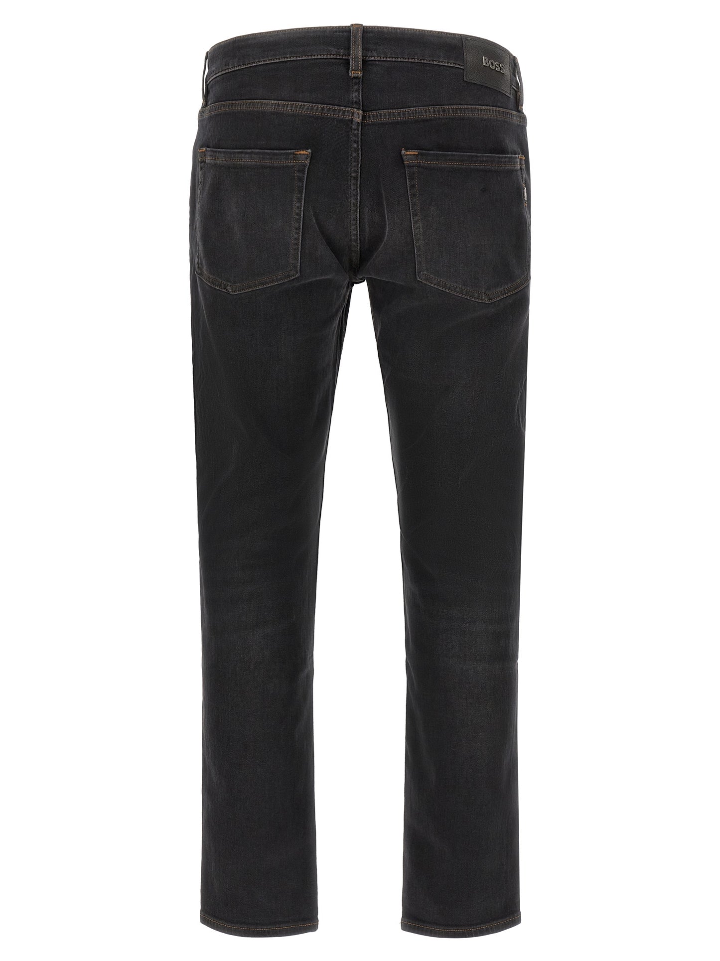 Jeans by Hugo Boss for men in stretch denim cotton black & monogram features a polished silhouette with a polished straight-leg & regular-fit, reaching a polished long and finished with a polished .
