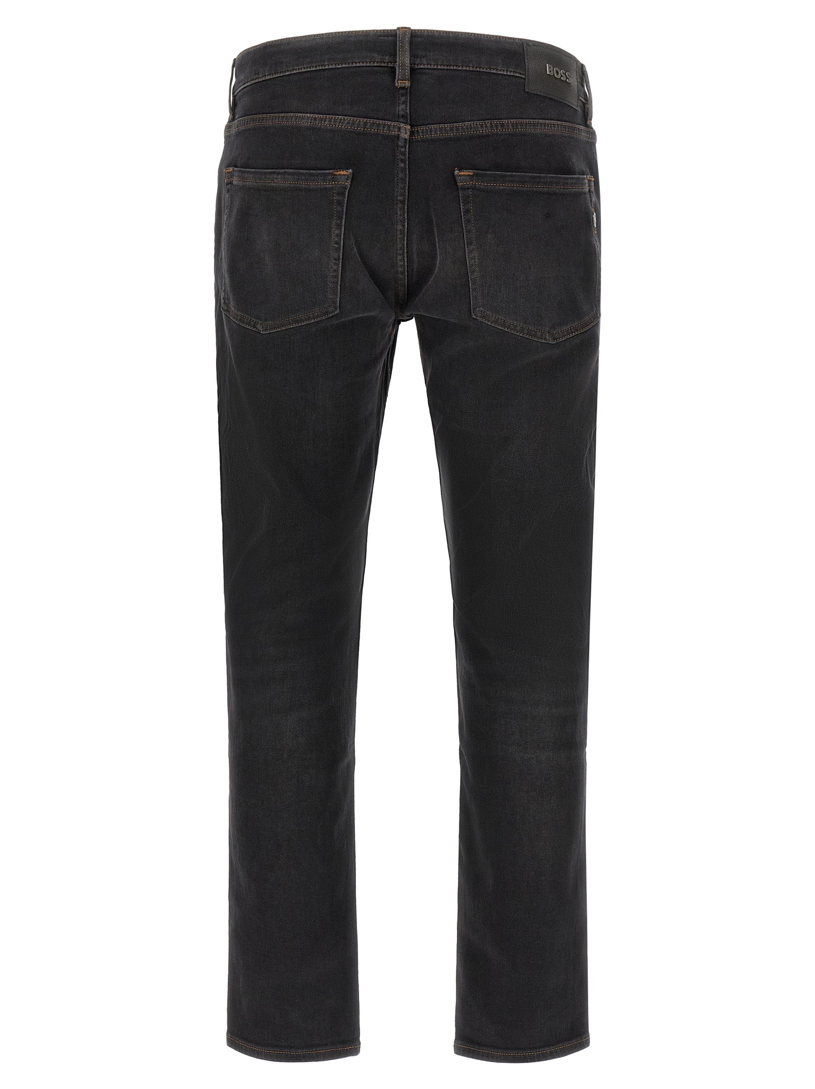 Jeans by Hugo Boss for men in stretch denim cotton black & monogram features a polished silhouette with a polished straight-leg & regular-fit, reaching a polished long and finished with a polished .