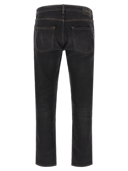 Jeans by Hugo Boss for men in stretch denim cotton black & monogram features a polished silhouette with a polished straight-leg & regular-fit, reaching a polished long and finished with a polished .