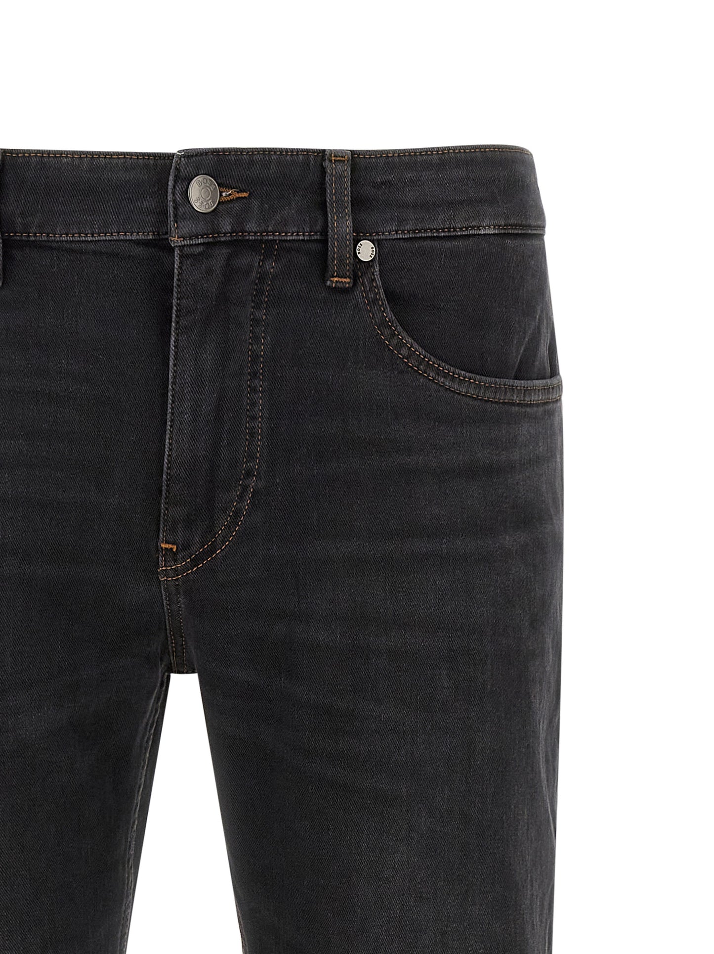 Jeans by Hugo Boss for men in stretch denim cotton black & monogram features an sartorial straight-leg & regular-fit and long with a cut for a sartorial finish.