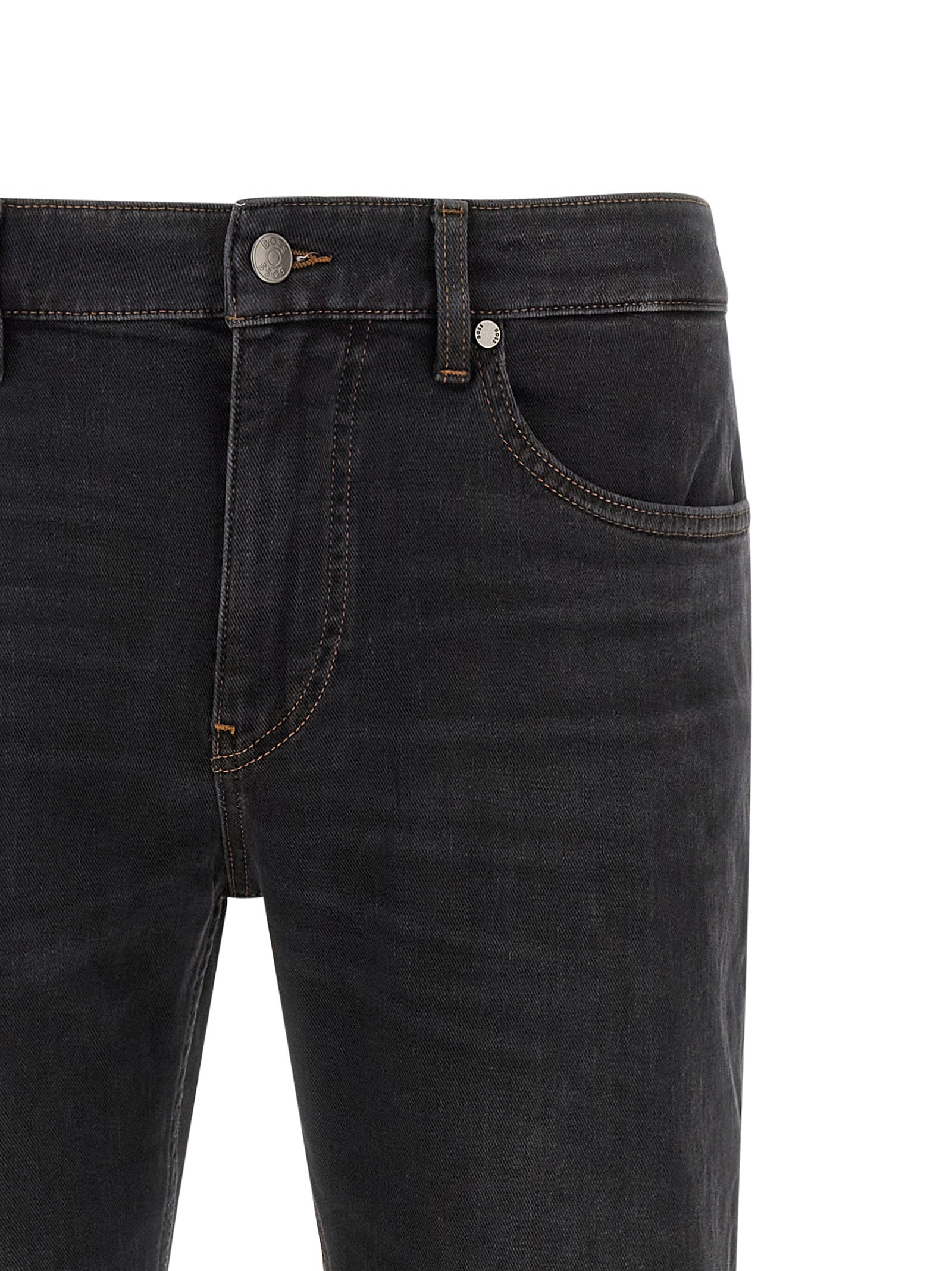 Jeans by Hugo Boss for men in stretch denim cotton black & monogram features an sartorial straight-leg & regular-fit and long with a cut for a sartorial finish.
