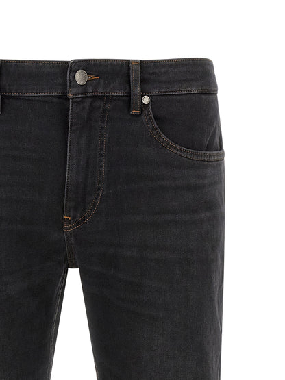 Jeans by Hugo Boss for men in stretch denim cotton black & monogram features an sartorial straight-leg & regular-fit and long with a cut for a sartorial finish.