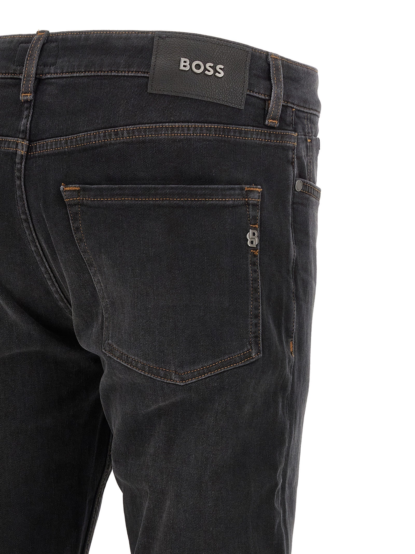 Jeans by Hugo Boss for men in stretch denim cotton black & monogram presents a tailored silhouette, showcasing a tailored straight-leg & regular-fit and long cut with a refined for a truly tailored aesthetic.