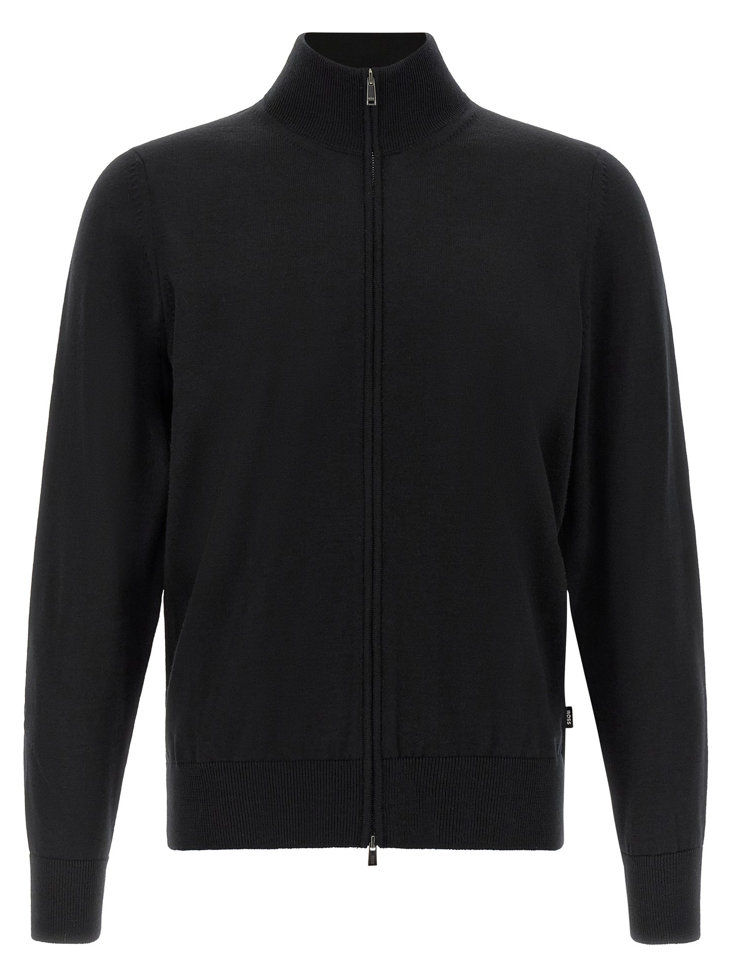 Cardigan by Hugo Boss for men in virgin wool black features a nuanced silhouette with a refined high-neck neckline and nuanced detailing for a sophisticated look.