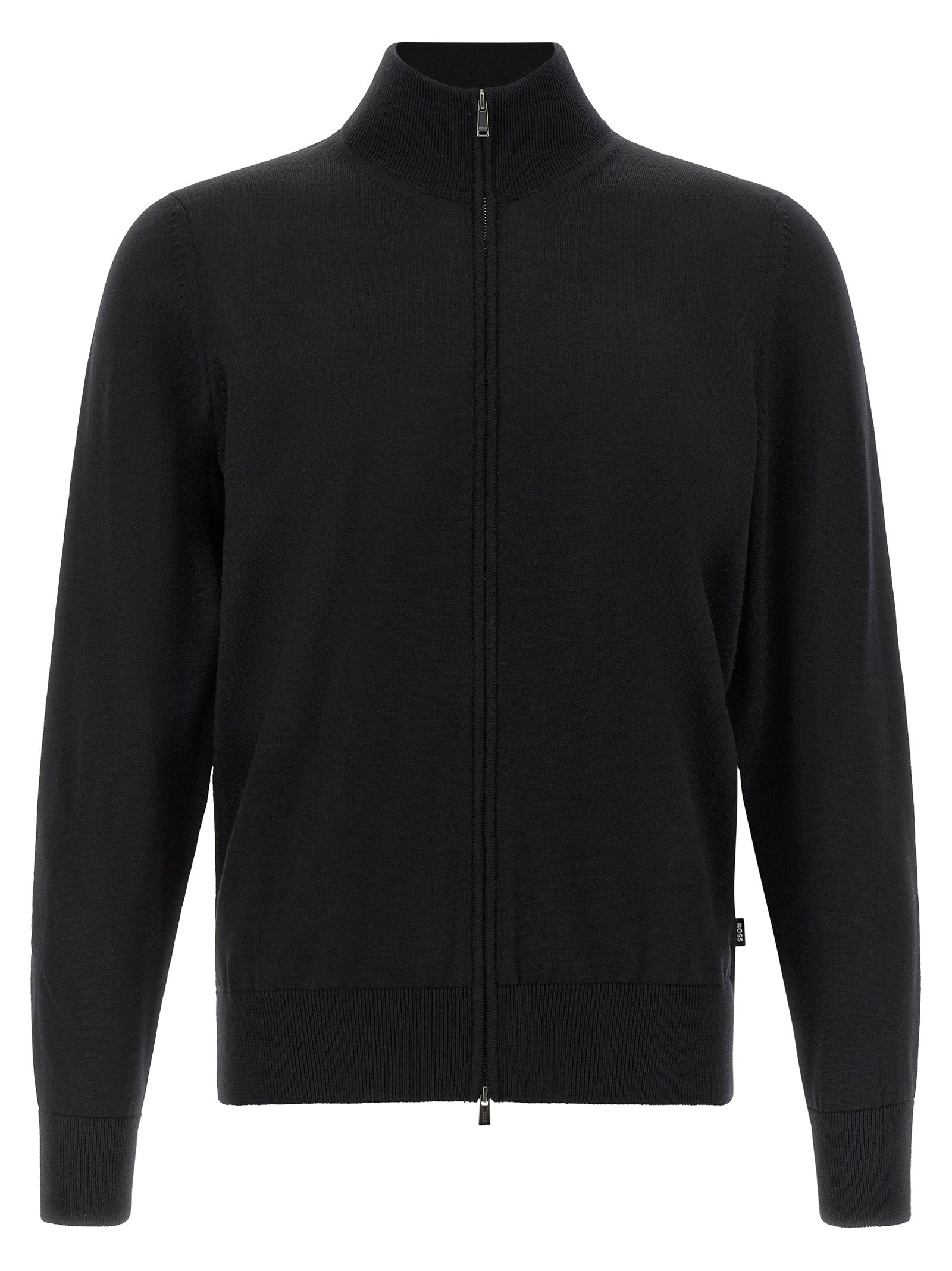 Cardigan by Hugo Boss for men in virgin wool black features a nuanced silhouette with a refined high-neck neckline and nuanced detailing for a sophisticated look.
