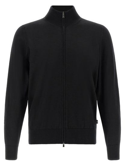 Cardigan by Hugo Boss for men in virgin wool black features a nuanced silhouette with a refined high-neck neckline and nuanced detailing for a sophisticated look.