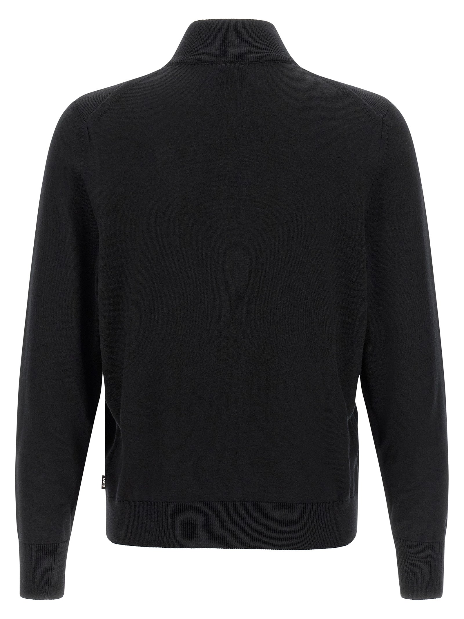 Cardigan by Hugo Boss for men in virgin wool black features an crisp silhouette, showcasing a sophisticated high-neck neckline and detail for a truly crisp finish.
