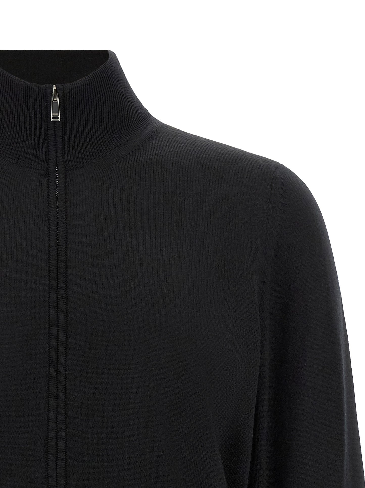 Cardigan by Hugo Boss for men in virgin wool black features an impeccable silhouette, showcasing a sophisticated high-neck neckline and detail for a truly impeccable finish.