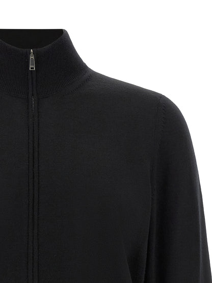 Cardigan by Hugo Boss for men in virgin wool black features an impeccable silhouette, showcasing a sophisticated high-neck neckline and detail for a truly impeccable finish.