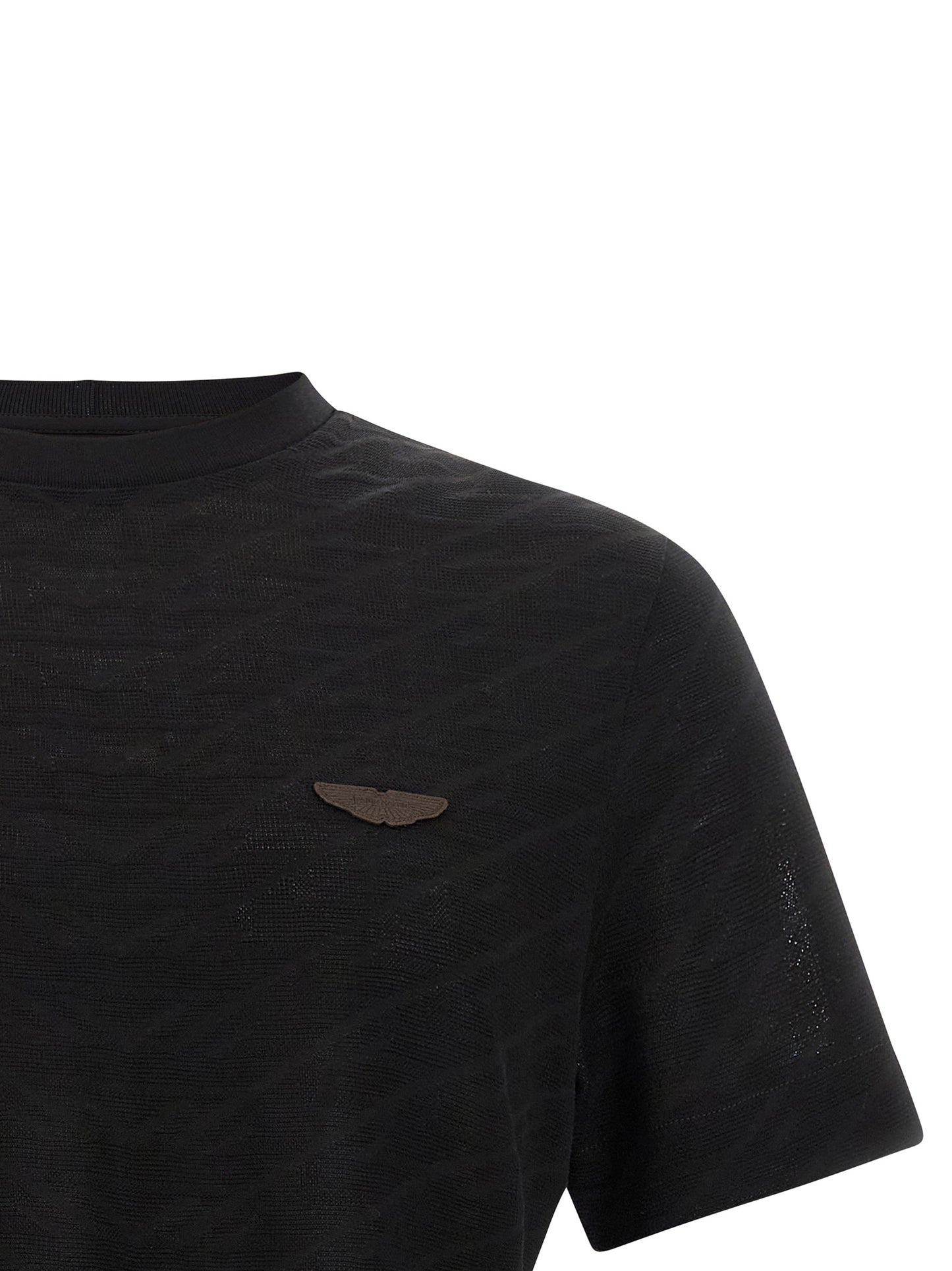 T-Shirt by Hugo Boss for men in cotton black & jacquard showcases a fashionable silhouette, elegantly detailed with a fashionable and crew neckline for a sophisticated, high-fashion look.