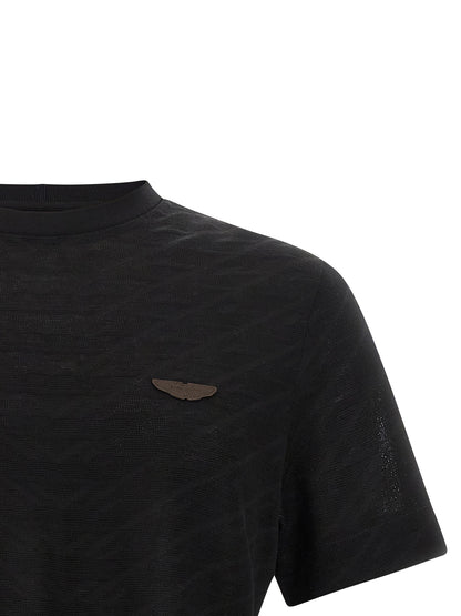 T-Shirt by Hugo Boss for men in cotton black & jacquard showcases a fashionable silhouette, elegantly detailed with a fashionable and crew neckline for a sophisticated, high-fashion look.