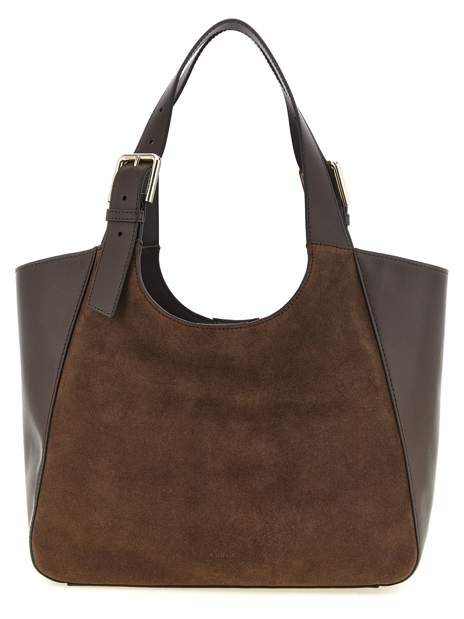 Shoulder Tote Bag by Furla for women in suede calfskin leather brown & gold showcases a urban-chic Dora Suede Calfskin Leather Shoulder Tote Bag design, featuring a secure magnetic & buckle, ample , and versatile shoulder-strap, adjustable-strap & handle for a urban-chic finish.