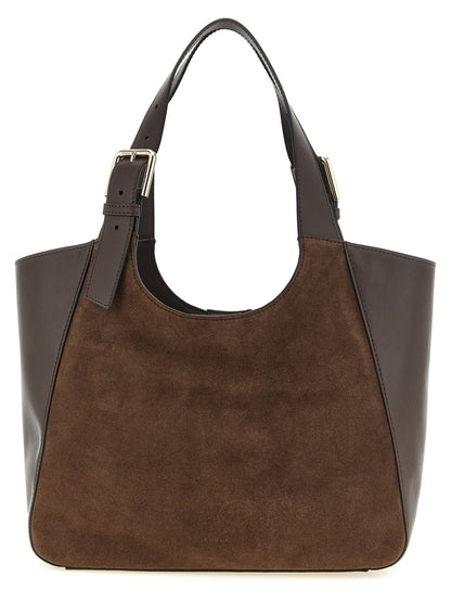 Shoulder Tote Bag by Furla for women in suede calfskin leather brown & gold showcases a urban-chic Dora Suede Calfskin Leather Shoulder Tote Bag design, featuring a secure magnetic & buckle, ample , and versatile shoulder-strap, adjustable-strap & handle for a urban-chic finish.