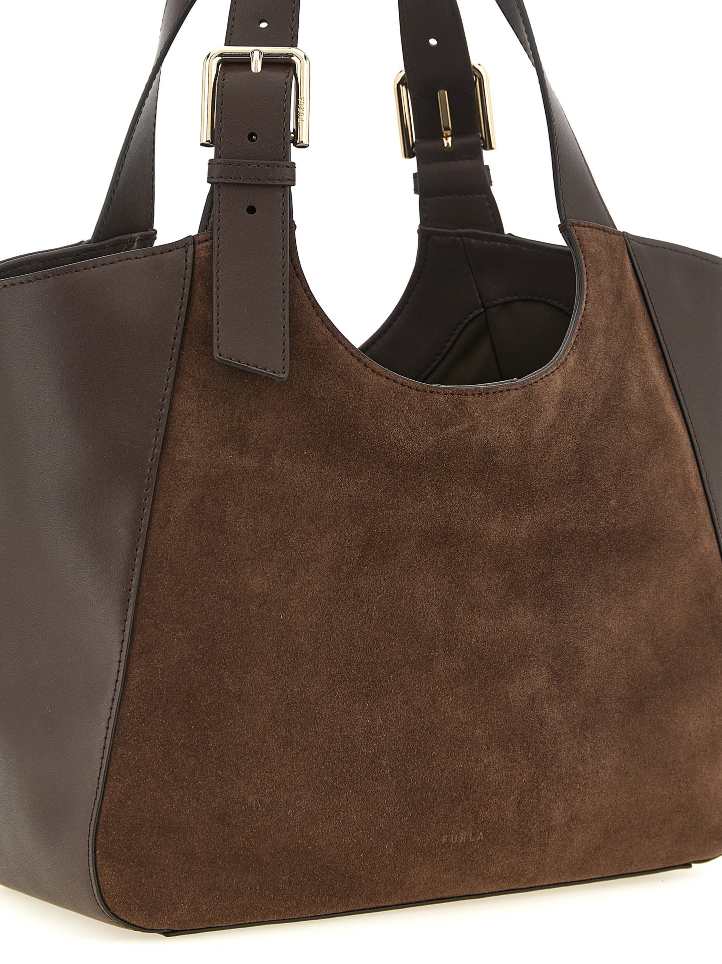 Shoulder Tote Bag by Furla for women in suede calfskin leather brown & gold features a urban sophisticate Dora Suede Calfskin Leather Shoulder Tote Bag design with a secure magnetic & buckle, ample , and versatile shoulder-strap, adjustable-strap & handle for a urban sophisticate finish.