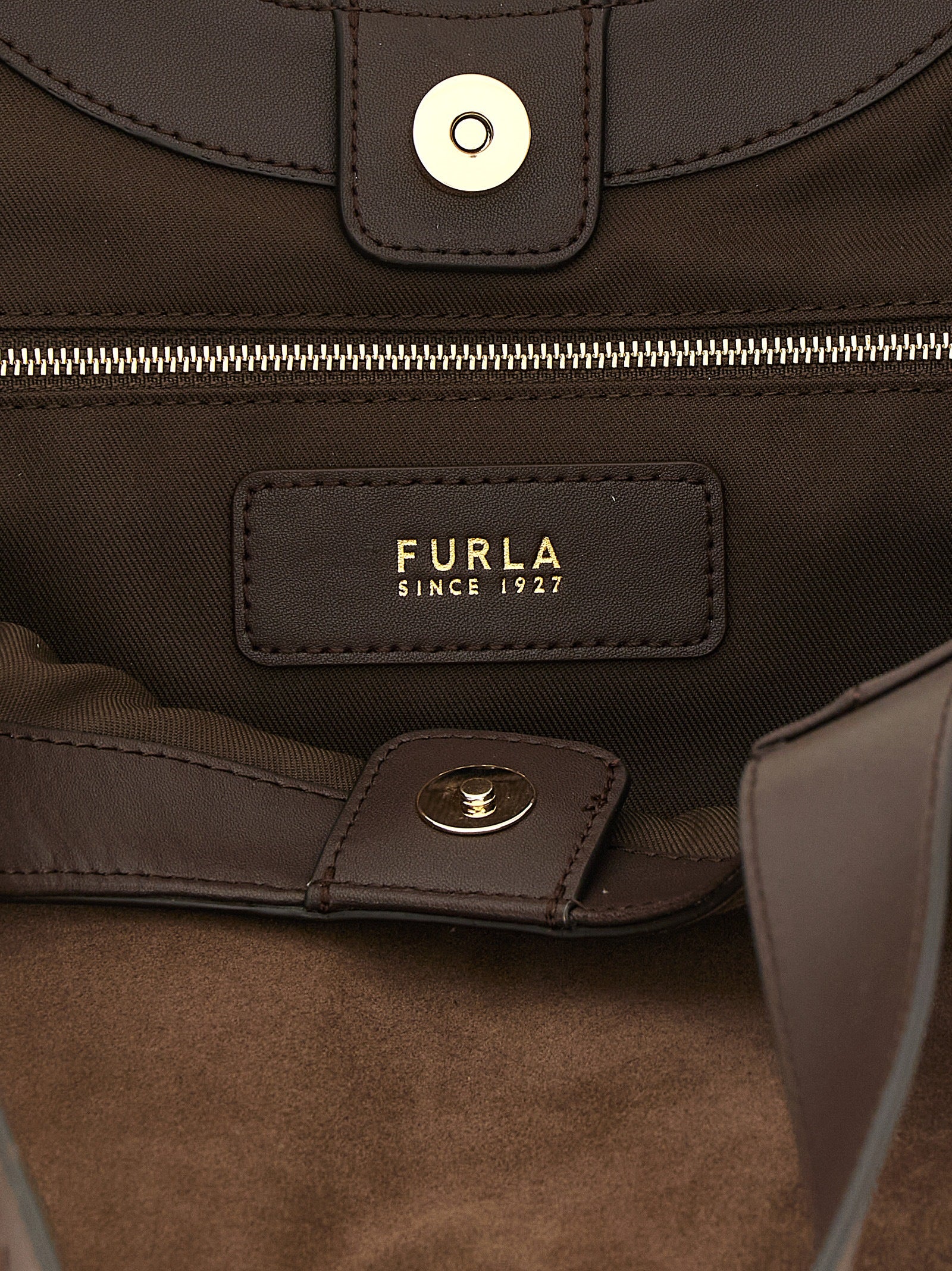 Shoulder Tote Bag by Furla for women in suede calfskin leather brown & gold features an metropolitan chic Dora Suede Calfskin Leather Shoulder Tote Bag design with a secure magnetic & buckle, metropolitan chic , and versatile shoulder-strap, adjustable-strap & handle for a metropolitan chic look.