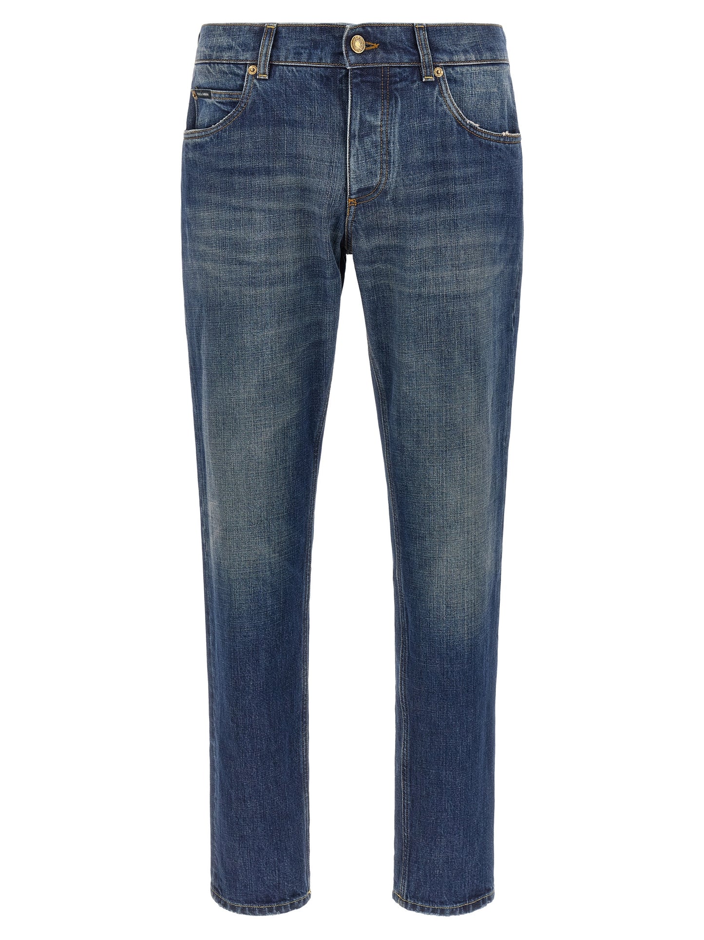 Jeans by Dolce & Gabbana for men in denim cotton blue & gold presents a refined pantology silhouette, artfully defined by a refined pantology straight-leg, long, and a sophisticated .