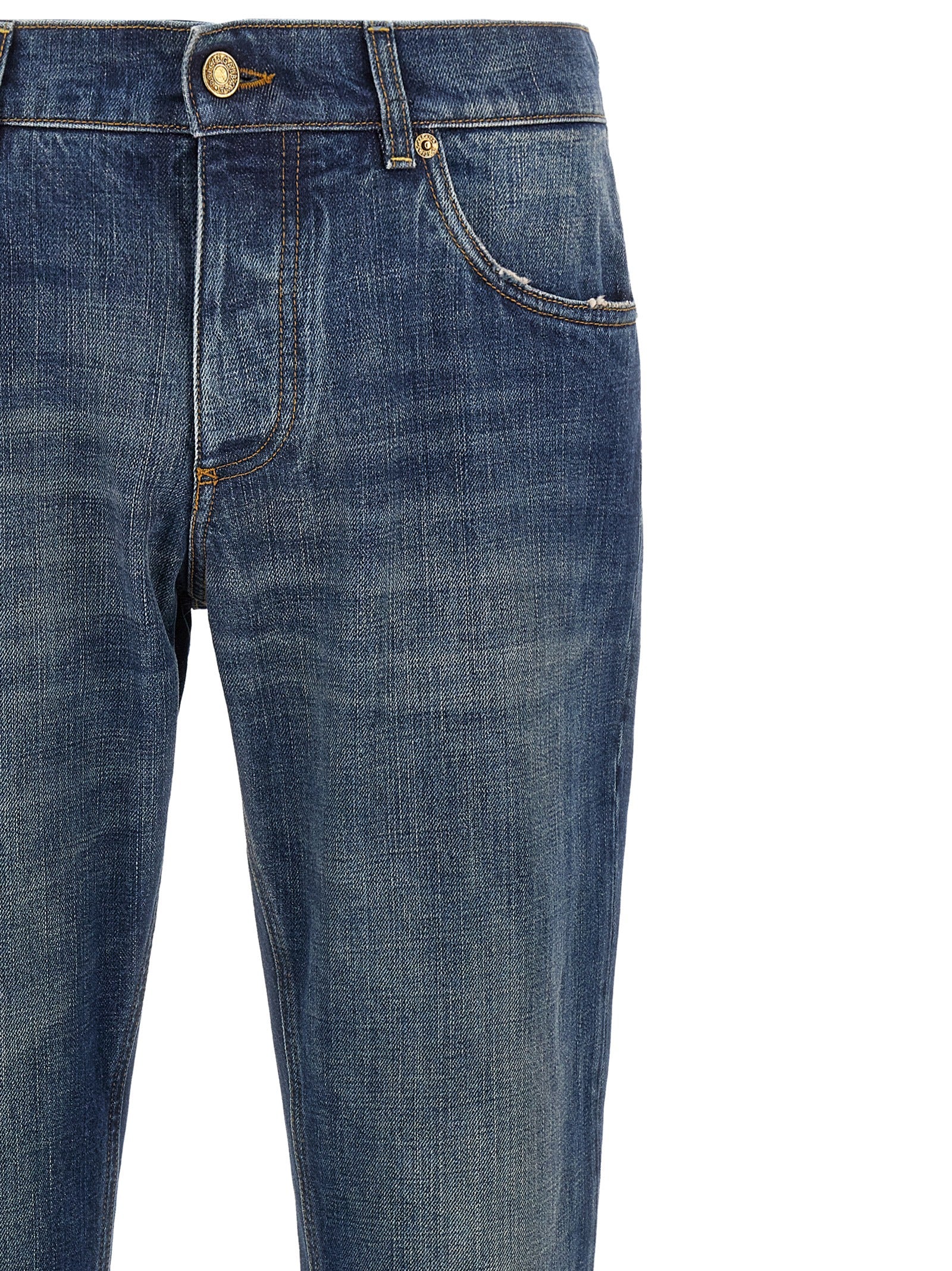 Jeans by Dolce & Gabbana for men in denim cotton blue & gold features an sophisticated and straight-leg with a precise long, creating a sophisticated and sophisticated silhouette.