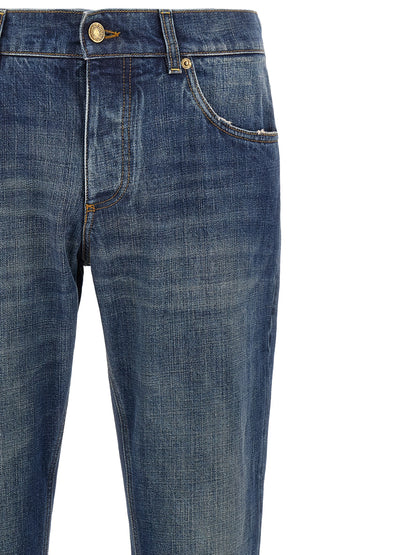 Jeans by Dolce & Gabbana for men in denim cotton blue & gold features an sophisticated and straight-leg with a precise long, creating a sophisticated and sophisticated silhouette.