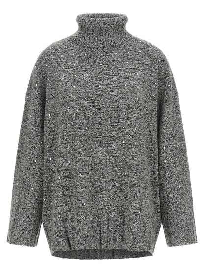 Cardigan by PINKO for women in wool & polyester gray & signature features a dramatic silhouette, showcasing a sophisticated turtle neckline and dramatic detail for a timeless, premium look.