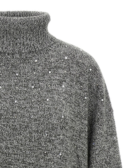 Cardigan by PINKO for women in wool & polyester gray & signature features an impeccable silhouette, showcasing a sophisticated turtle neckline and detail for a truly impeccable finish.