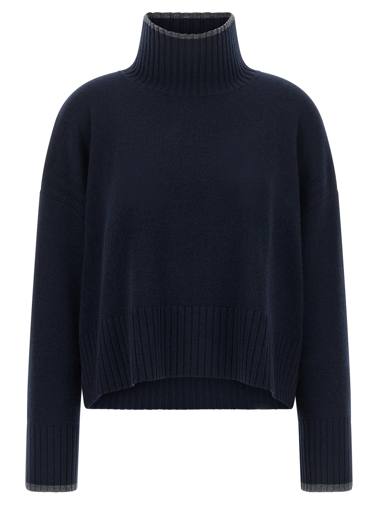 Cardigan by PINKO for women in cashmere gray & navy features an crisp silhouette, showcasing a sophisticated turtle high-neck neckline and detail for a truly crisp finish.