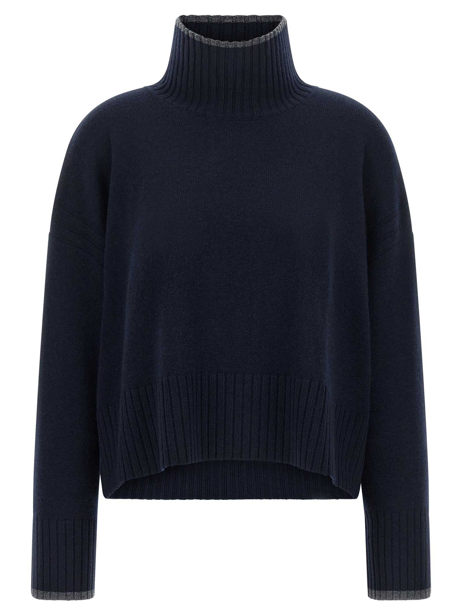 Cardigan by PINKO for women in cashmere gray & navy features an crisp silhouette, showcasing a sophisticated turtle high-neck neckline and detail for a truly crisp finish.