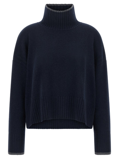 Cardigan by PINKO for women in cashmere gray & navy features an crisp silhouette, showcasing a sophisticated turtle high-neck neckline and detail for a truly crisp finish.