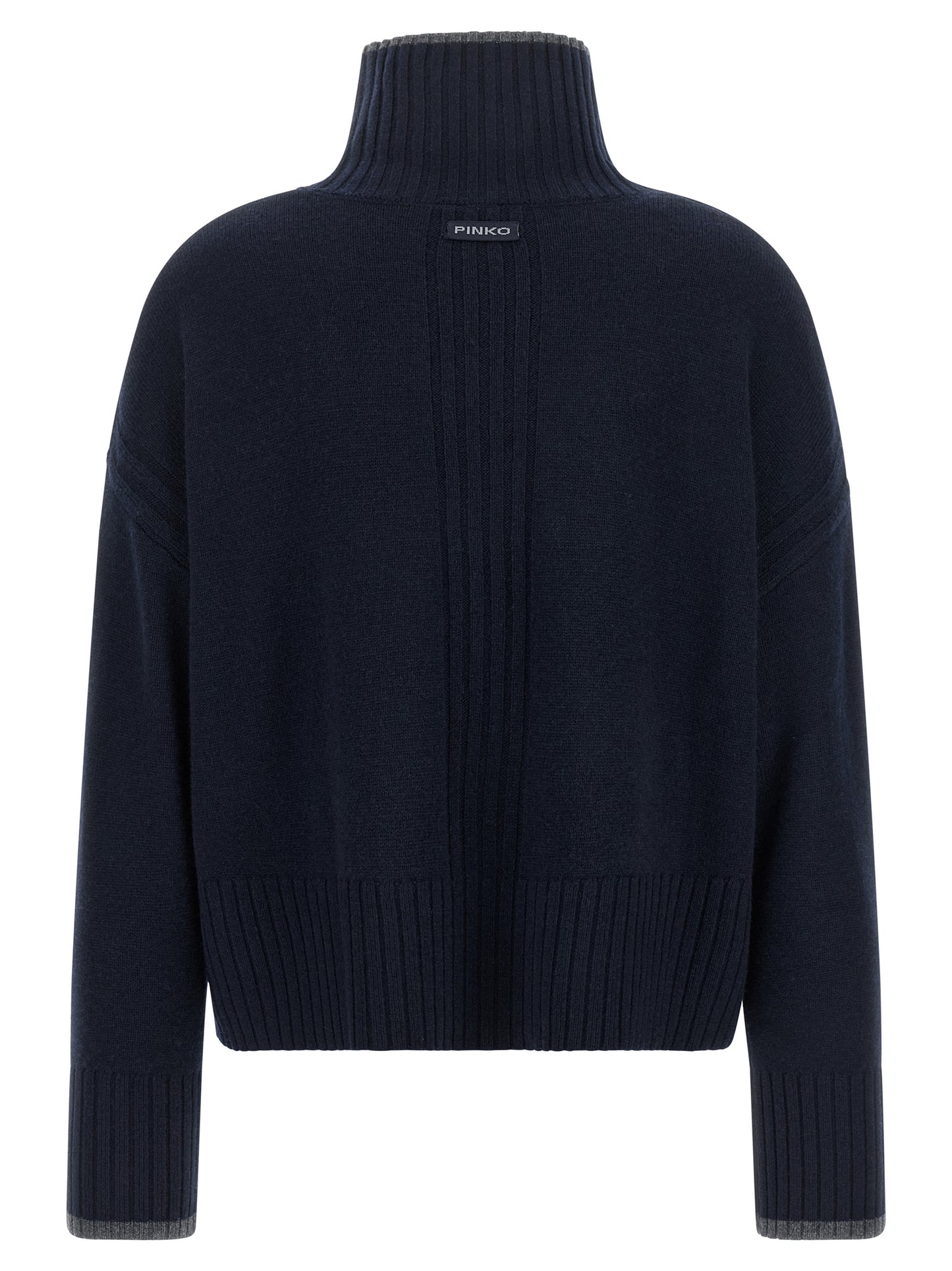 Cardigan by PINKO for women in cashmere gray & navy features a nuanced silhouette with a refined turtle high-neck neckline and nuanced detailing for a sophisticated look.