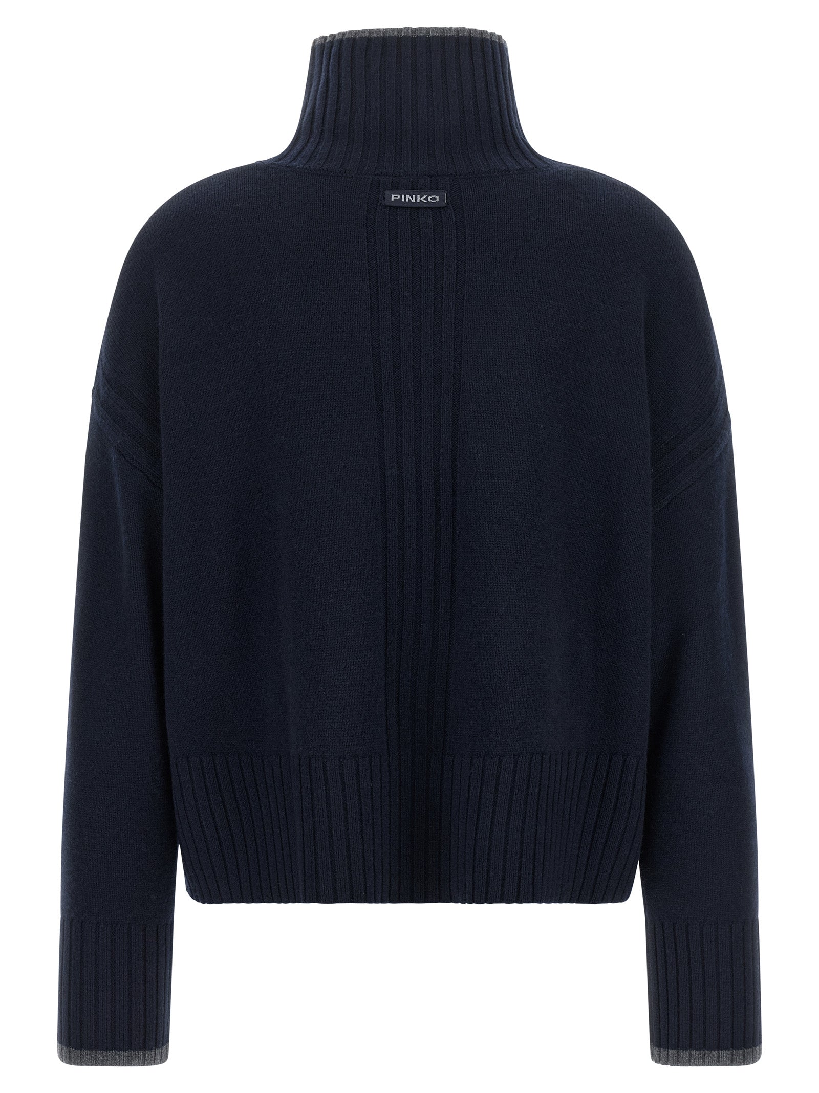 Cardigan by PINKO for women in cashmere gray & navy features a nuanced silhouette with a refined turtle high-neck neckline and nuanced detailing for a sophisticated look.