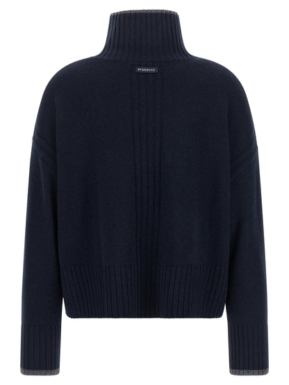Cardigan by PINKO for women in cashmere gray & navy features a nuanced silhouette with a refined turtle high-neck neckline and nuanced detailing for a sophisticated look.