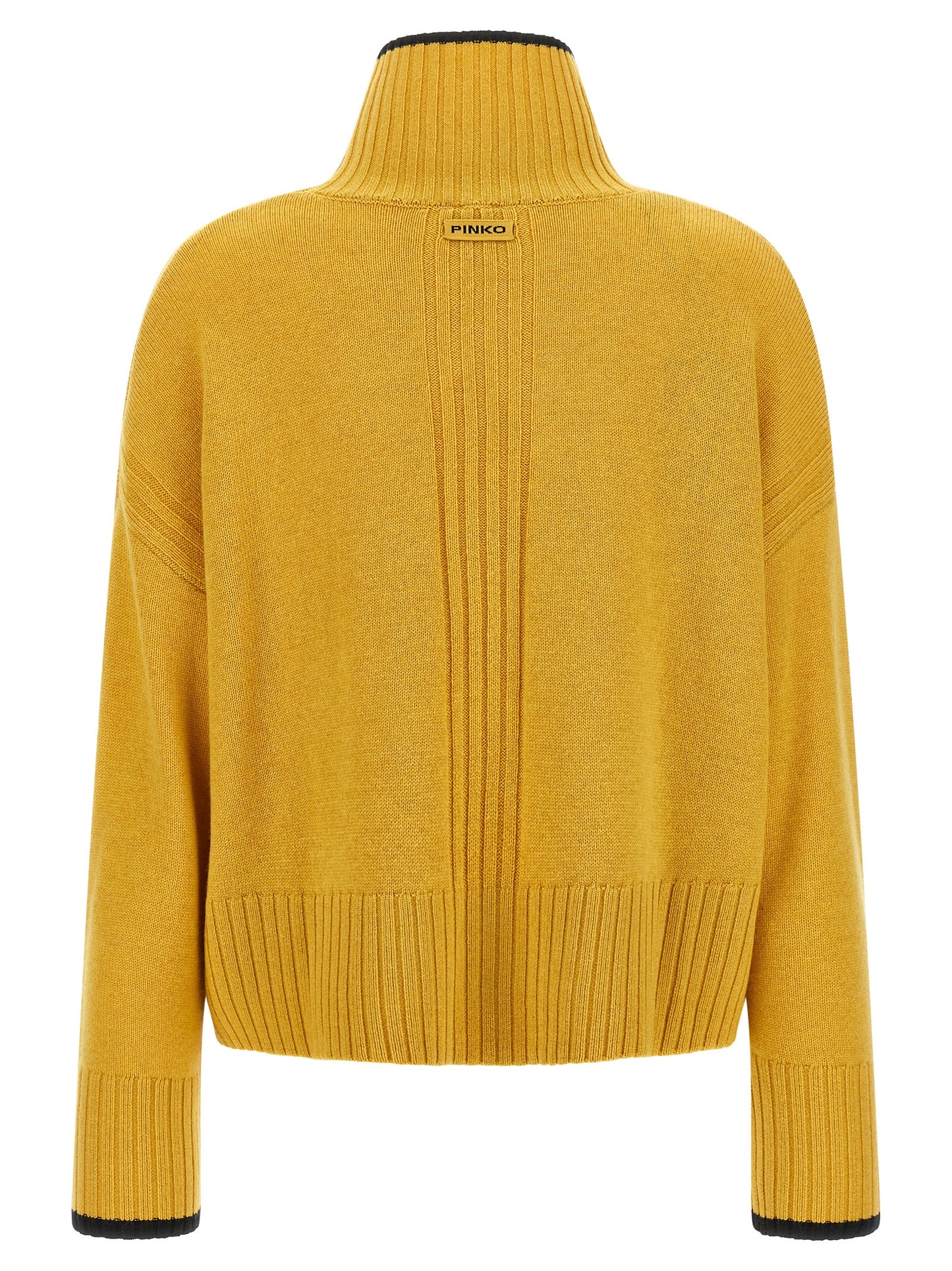 Cardigan by PINKO for women in cashmere bicolour, black, mustard & yellow features a dramatic silhouette, showcasing a sophisticated turtle neckline and dramatic detail for a timeless, premium look.