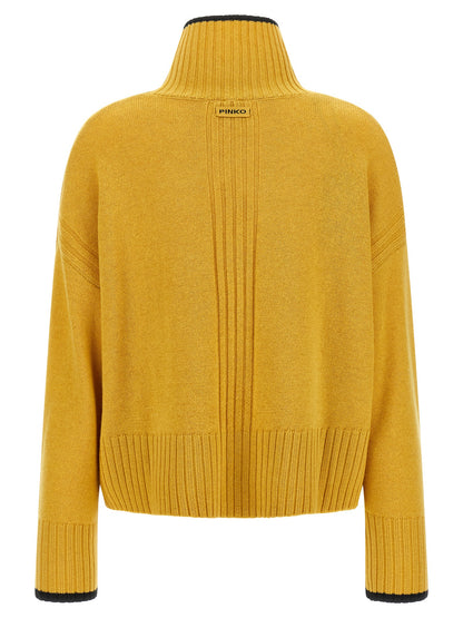 Cardigan by PINKO for women in cashmere bicolour, black, mustard & yellow features a dramatic silhouette, showcasing a sophisticated turtle neckline and dramatic detail for a timeless, premium look.