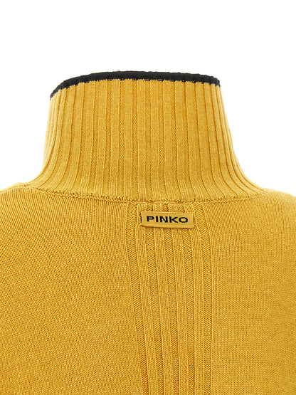 Cardigan by PINKO for women in cashmere bicolour, black, mustard & yellow presents a textural silhouette, artfully finished with a textural and for a sophisticated, textural look.
