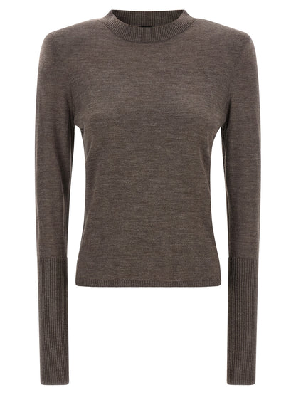 Cardigan by PINKO for women in merino wool brown & signature features a dramatic silhouette, showcasing a sophisticated crew neckline and dramatic detail for a timeless, premium look.