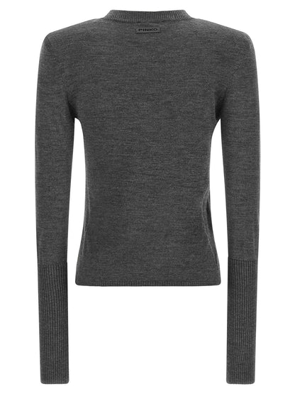 Cardigan by PINKO for women in merino wool gray features a dramatic silhouette, showcasing a sophisticated and dramatic detail for a timeless, premium look.