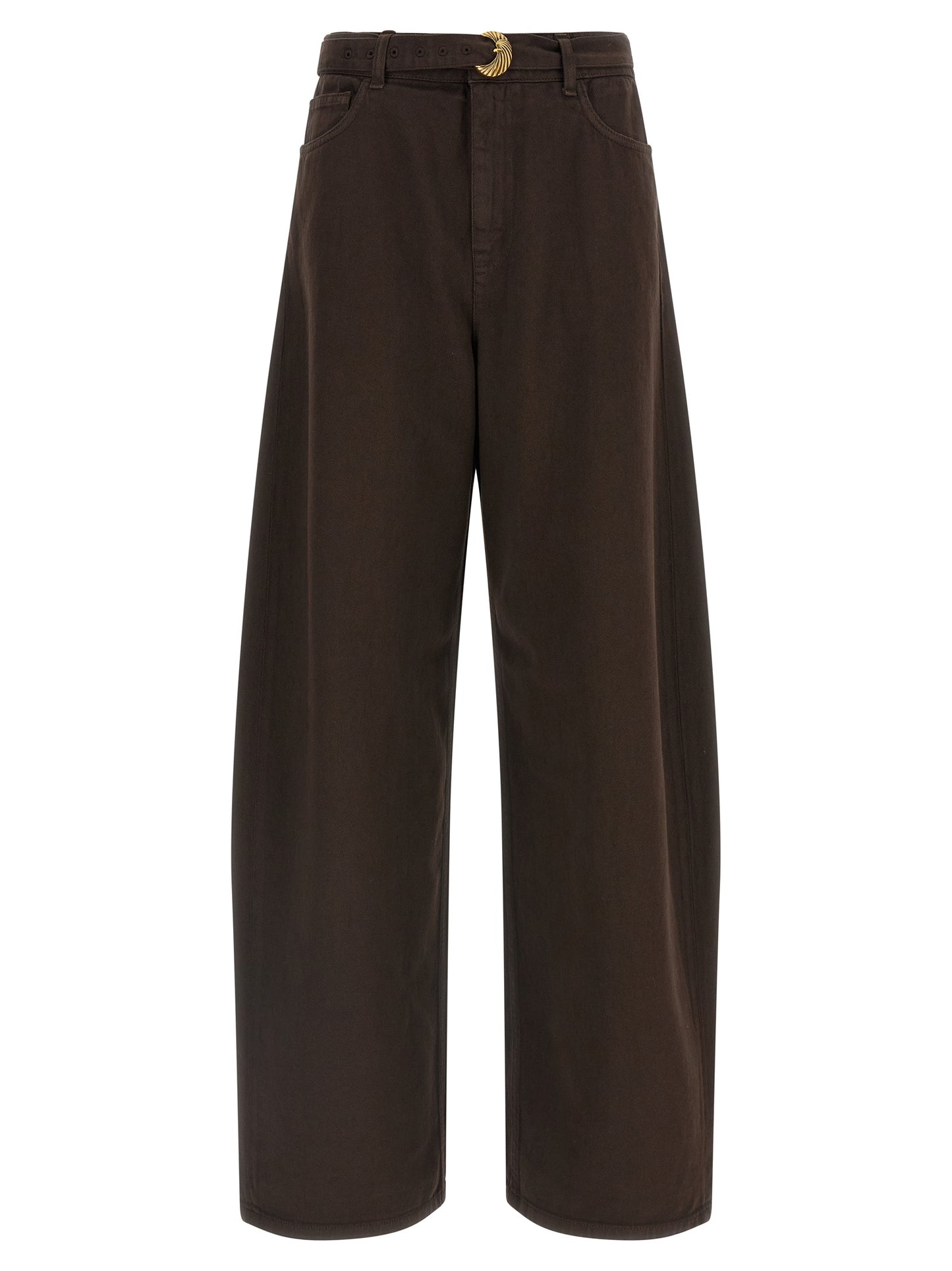 Jeans by Twinset for women in denim cotton brown & gold features an sophisticated high rise and relaxed-fit with a precise long, creating a sophisticated and sophisticated silhouette.