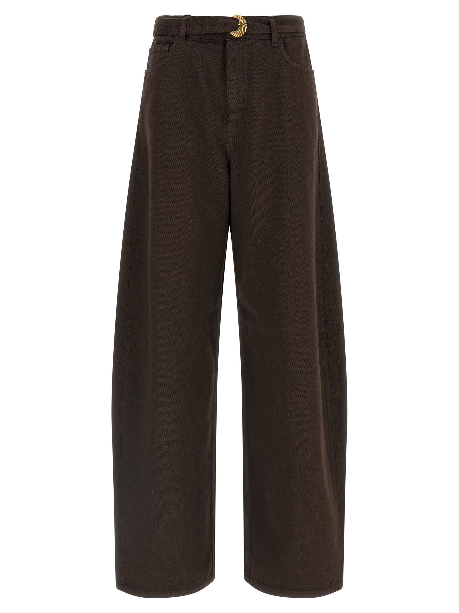 Jeans by Twinset for women in denim cotton brown & gold features an sophisticated high rise and relaxed-fit with a precise long, creating a sophisticated and sophisticated silhouette.