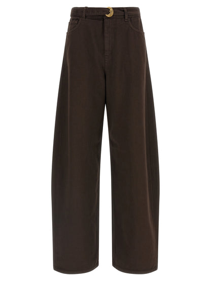 Jeans by Twinset for women in denim cotton brown & gold features an sophisticated high rise and relaxed-fit with a precise long, creating a sophisticated and sophisticated silhouette.