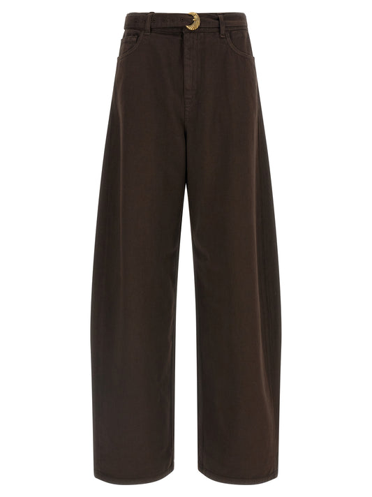 Jeans by Twinset for women in denim cotton brown & gold features an sophisticated high rise and relaxed-fit with a precise long, creating a sophisticated and sophisticated silhouette.