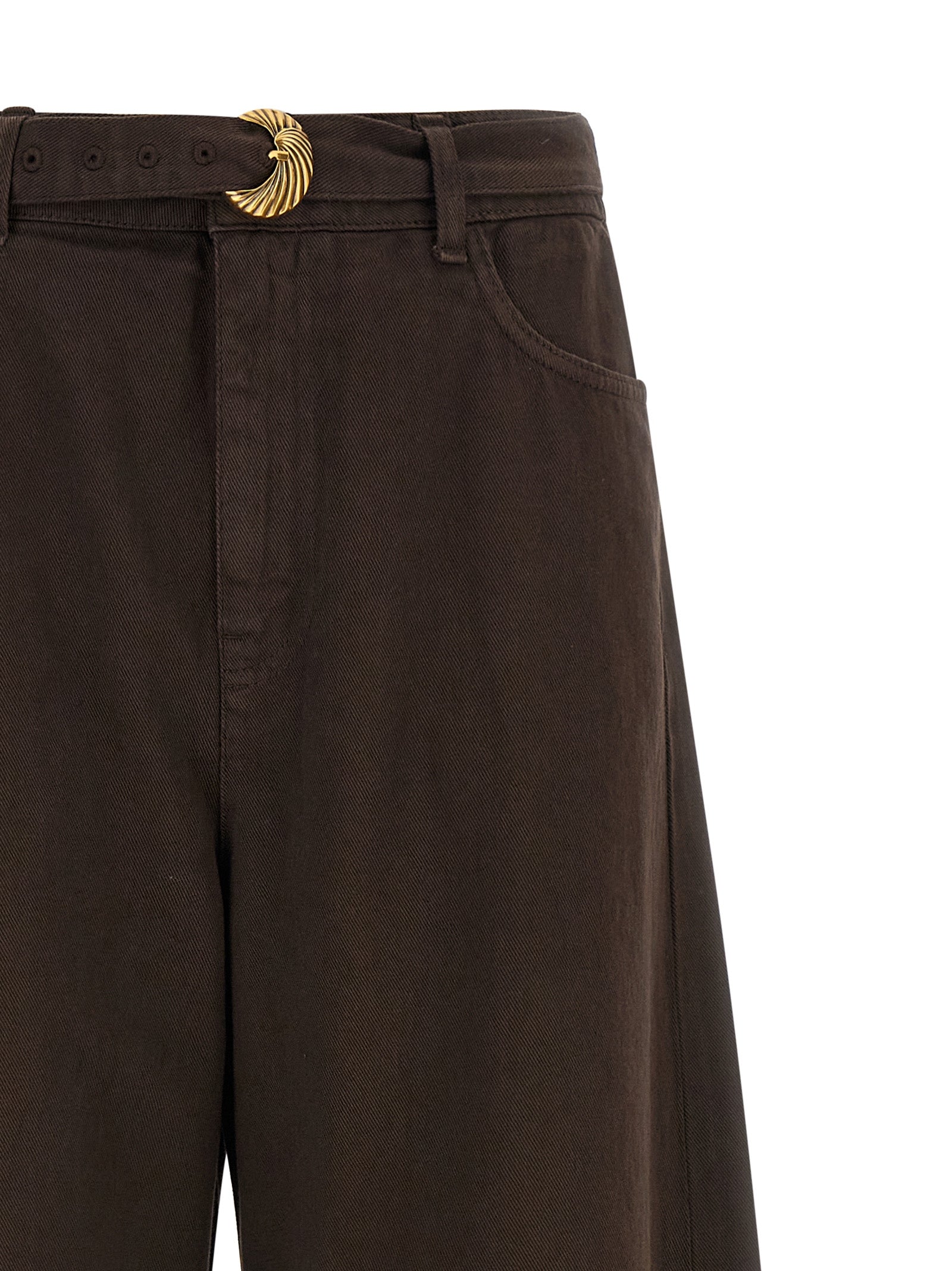 Jeans by Twinset for women in denim cotton brown & gold presents a tailored silhouette, showcasing a tailored relaxed-fit and long cut with a refined high rise for a truly tailored aesthetic.