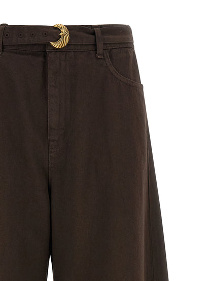 Jeans by Twinset for women in denim cotton brown & gold presents a tailored silhouette, showcasing a tailored relaxed-fit and long cut with a refined high rise for a truly tailored aesthetic.