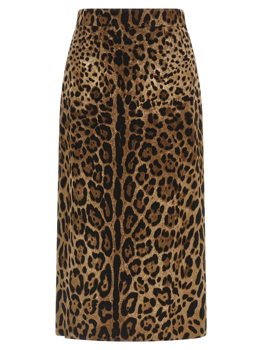 Skirt by Dolce & Gabbana for women in stretch viscose brown, leopard-print & print features an tailored silhouette, artfully capturing the essence of Women's High Rise Stretch Viscose Skirt in a sophisticated midi.