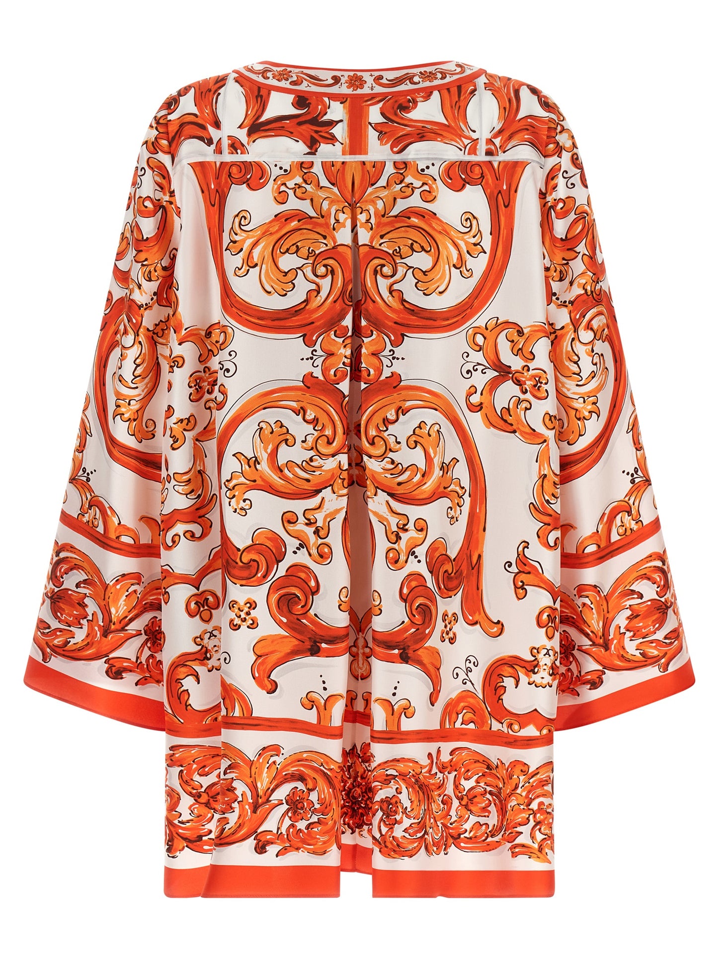 Dress by Dolce & Gabbana for women in silk twill orange, white, patterned & print presents a sinuous silhouette, showcasing a sophisticated split neckline and detailed with a sinuous short mini for a refined finish.