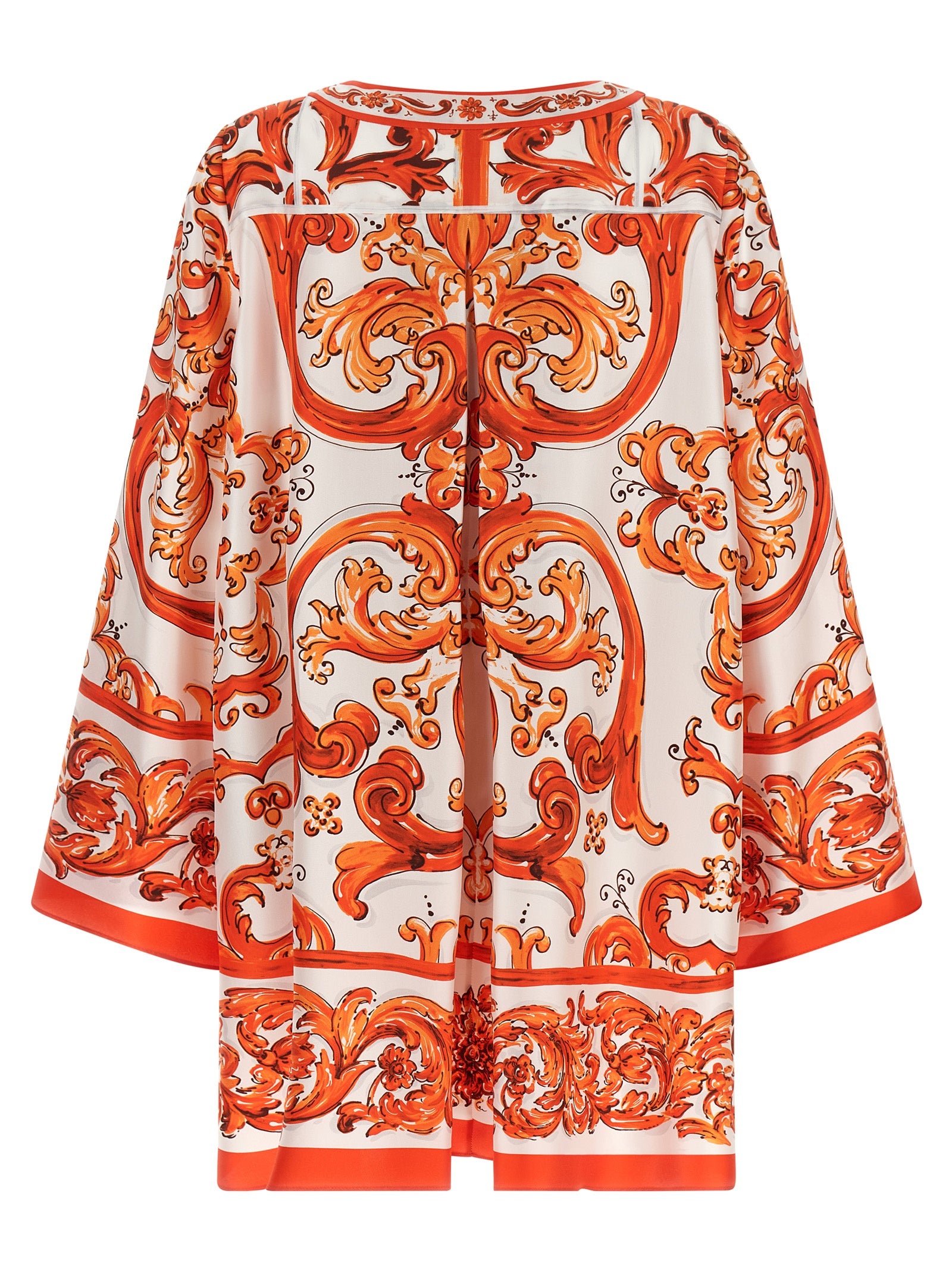Dress by Dolce & Gabbana for women in silk twill orange, white, patterned & print presents a sinuous silhouette, showcasing a sophisticated split neckline and detailed with a sinuous short mini for a refined finish.