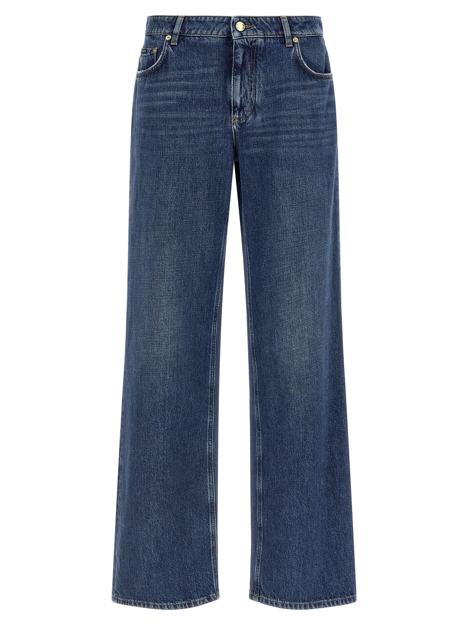 Jeans by Dolce & Gabbana for women in denim cotton blue, gold & signature features an sophisticated and straight-leg, relaxed-fit & wide with a precise long, creating a sophisticated and sophisticated silhouette.