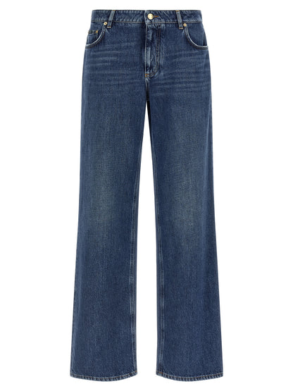Jeans by Dolce & Gabbana for women in denim cotton blue, gold & signature features an sophisticated and straight-leg, relaxed-fit & wide with a precise long, creating a sophisticated and sophisticated silhouette.