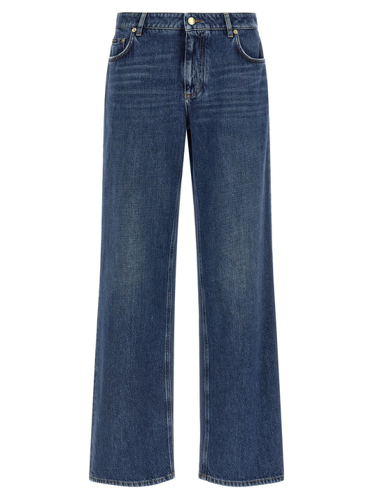 Jeans by Dolce & Gabbana for women in denim cotton blue, gold & signature features an sophisticated and straight-leg, relaxed-fit & wide with a precise long, creating a sophisticated and sophisticated silhouette.
